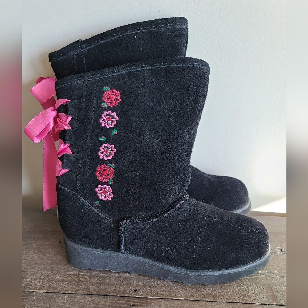 Bearpaw Carly black suede boots with embroidered flowers and satin ribbon detail